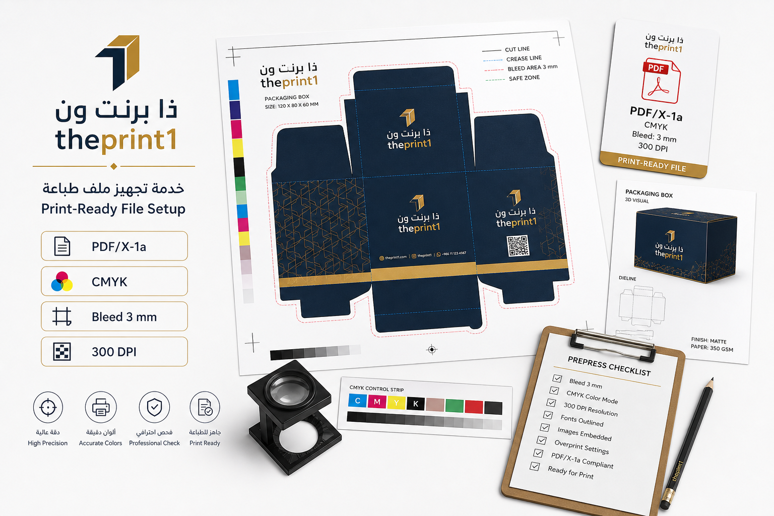 خدمة تجهيز ملف طباعة - ذا برنت ون - المواصفات: PDF/X-1a، CMYK، Bleed 3 mm، 300 DPI