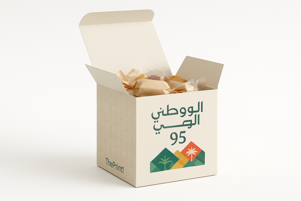 بوكس توزيعات مربع 10x10x10 اليوم الوطني 95 نموذج 3 - طباعة مستلزمات المشروع، تجهيز بكج متجر، شرائط تغليف مطبوعة، شريط لاصق بشعار | ذا برنت ون
