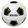 Black-and-white soccer ball with green accents and NEW KICK lettering.