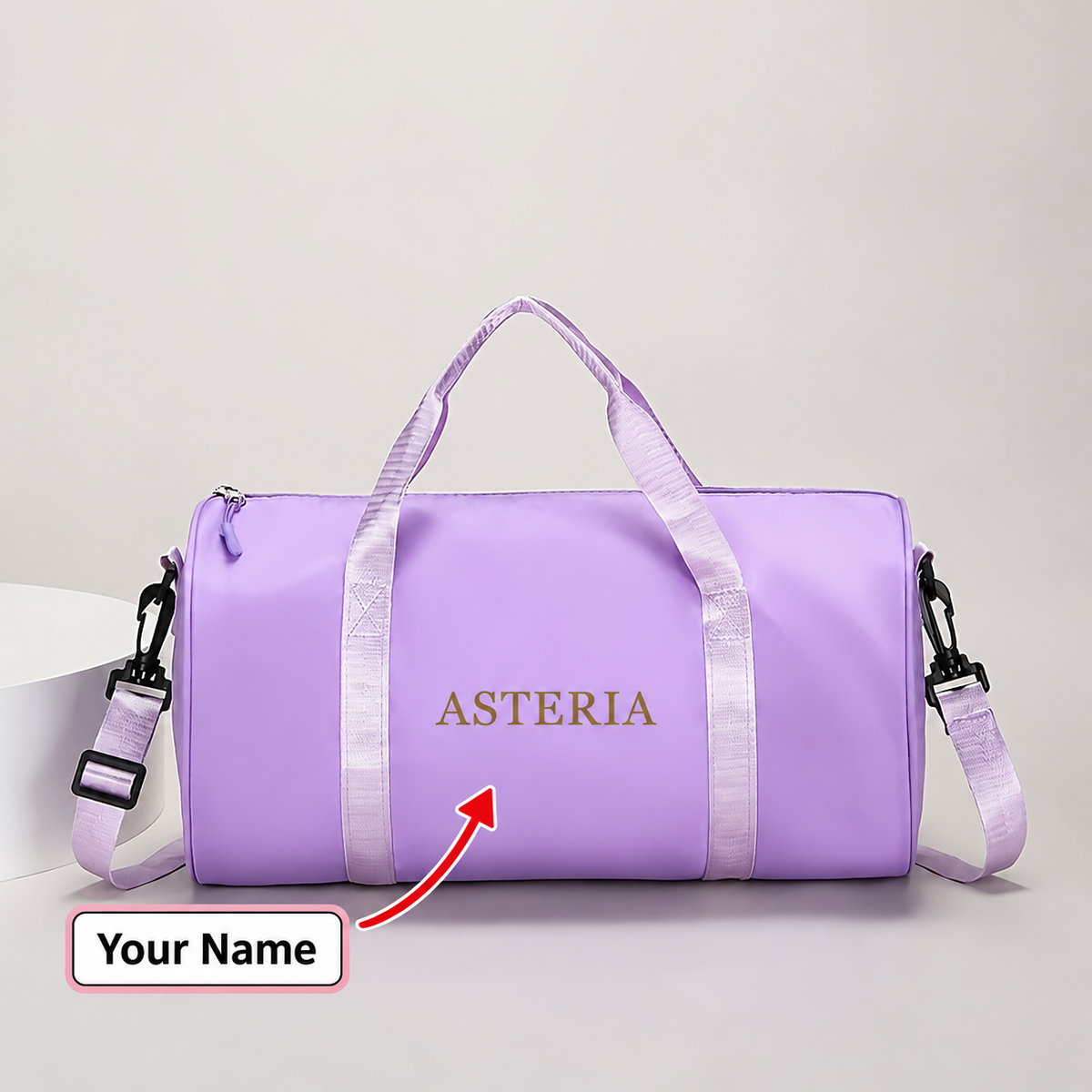 حقيبة دفل بنفسجية بشعار Asteria وموضع للاسم | Purple travel and gym duffel bag with Asteria logo and name personalization area