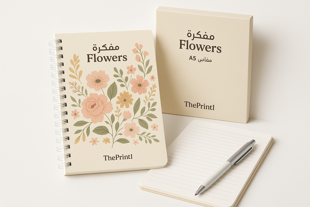 مفكرة Flowers- مقاس A5 - سلك أبيض - طباعة بالأشعة فوق البنفسجية، طباعة حرارية على المنتجات، اطلب بكج تغليف كامل، اطلب تصميم تغليف منتج | ذا برنت ون