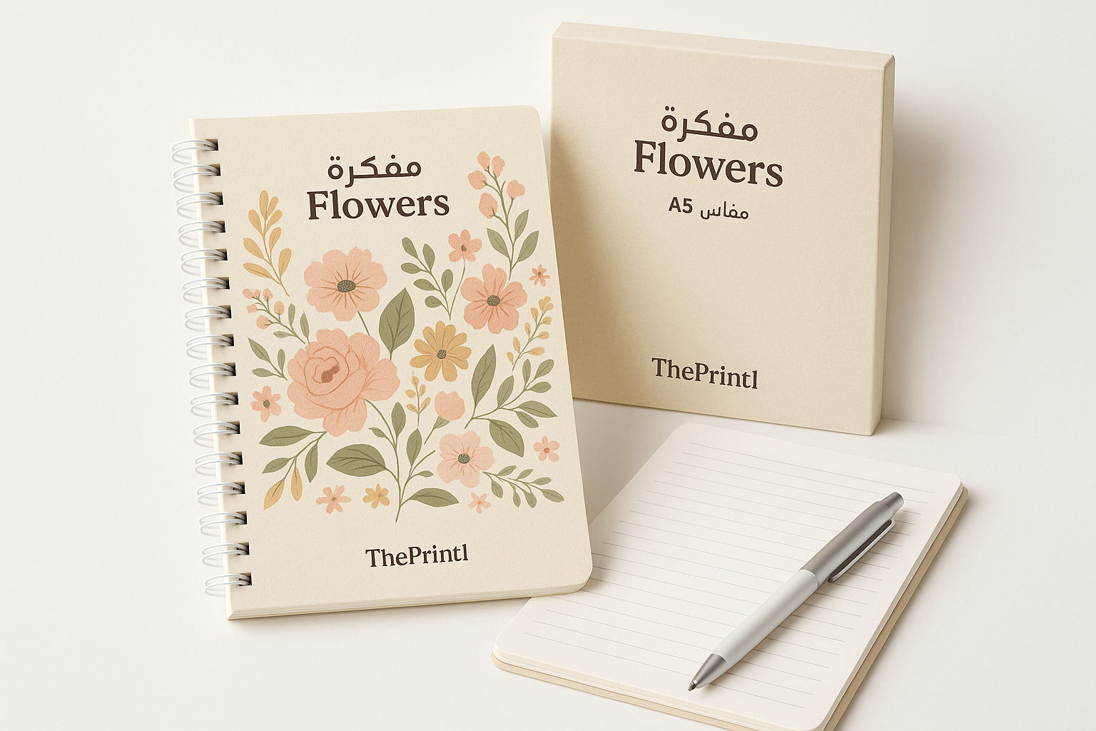 مفكرة Flowers- مقاس A5 - سلك أبيض - طباعة بالأشعة فوق البنفسجية، طباعة حرارية على المنتجات، اطلب بكج تغليف كامل، اطلب تصميم تغليف منتج | ذا برنت ون