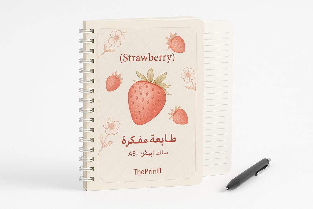 طباعة مفكرة Strawberry- مقاس A5 - سلك أبيض - طباعة بالأشعة فوق البنفسجية، طباعة حرارية على المنتجات، اطلب بكج تغليف كامل، اطلب تصميم تغليف منتج | ذا برنت ون