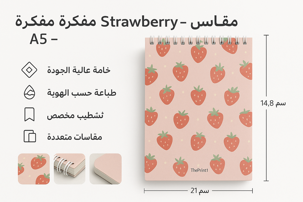 طباعة مفكرة Strawberry- مقاس A5 - سلك أبيض - طباعة بالأشعة فوق البنفسجية، طباعة حرارية على المنتجات، اطلب بكج تغليف كامل، اطلب تصميم تغليف منتج | ذا برنت ون