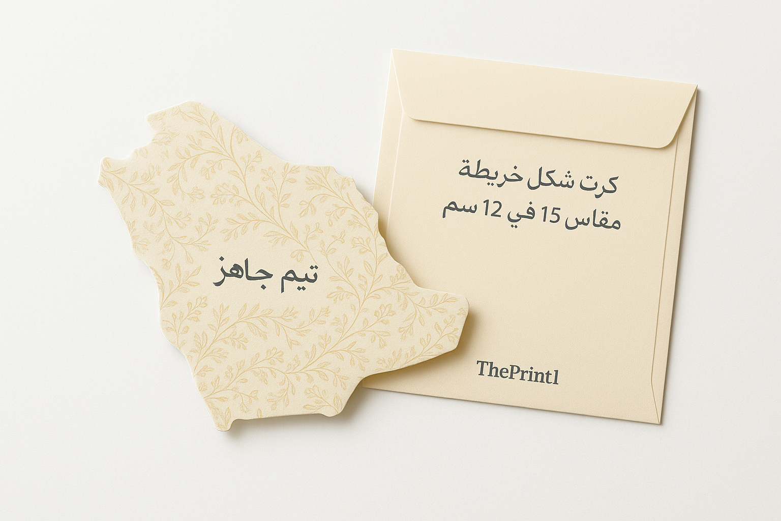 كرت شكل خريطة مقاس 15 في 12 سم - ثيم جاهز - اطلب بكج تغليف كامل، اطلب تصميم تغليف منتج، طباعة بالأشعة فوق البنفسجية، طباعة حرارية على المنتجات | ذا برنت ون