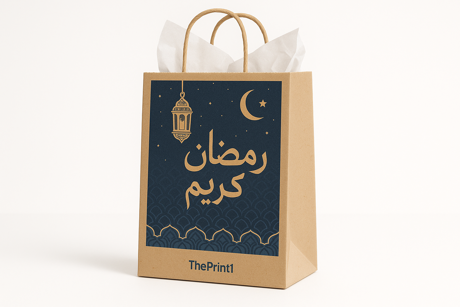 كيس ورقي مقاس 14 في 22.5 سم - ثيم جاهز رمضان - اطلب بكج تغليف كامل، اطلب تصميم تغليف منتج، طباعة بالأشعة فوق البنفسجية، طباعة حرارية على المنتجات | ذا برنت ون