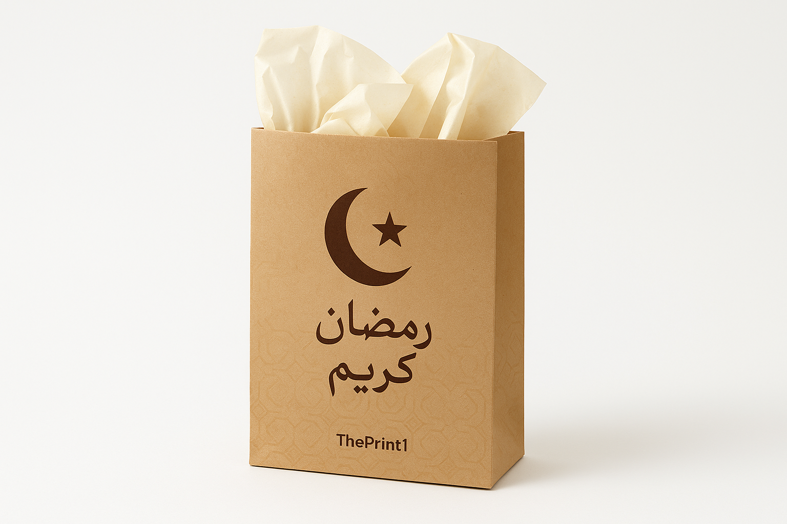 كيس ورقي مقاس 14 في 22.5 سم - ثيم جاهز رمضان - اطلب بكج تغليف كامل، اطلب تصميم تغليف منتج، طباعة بالأشعة فوق البنفسجية، طباعة حرارية على المنتجات | ذا برنت ون
