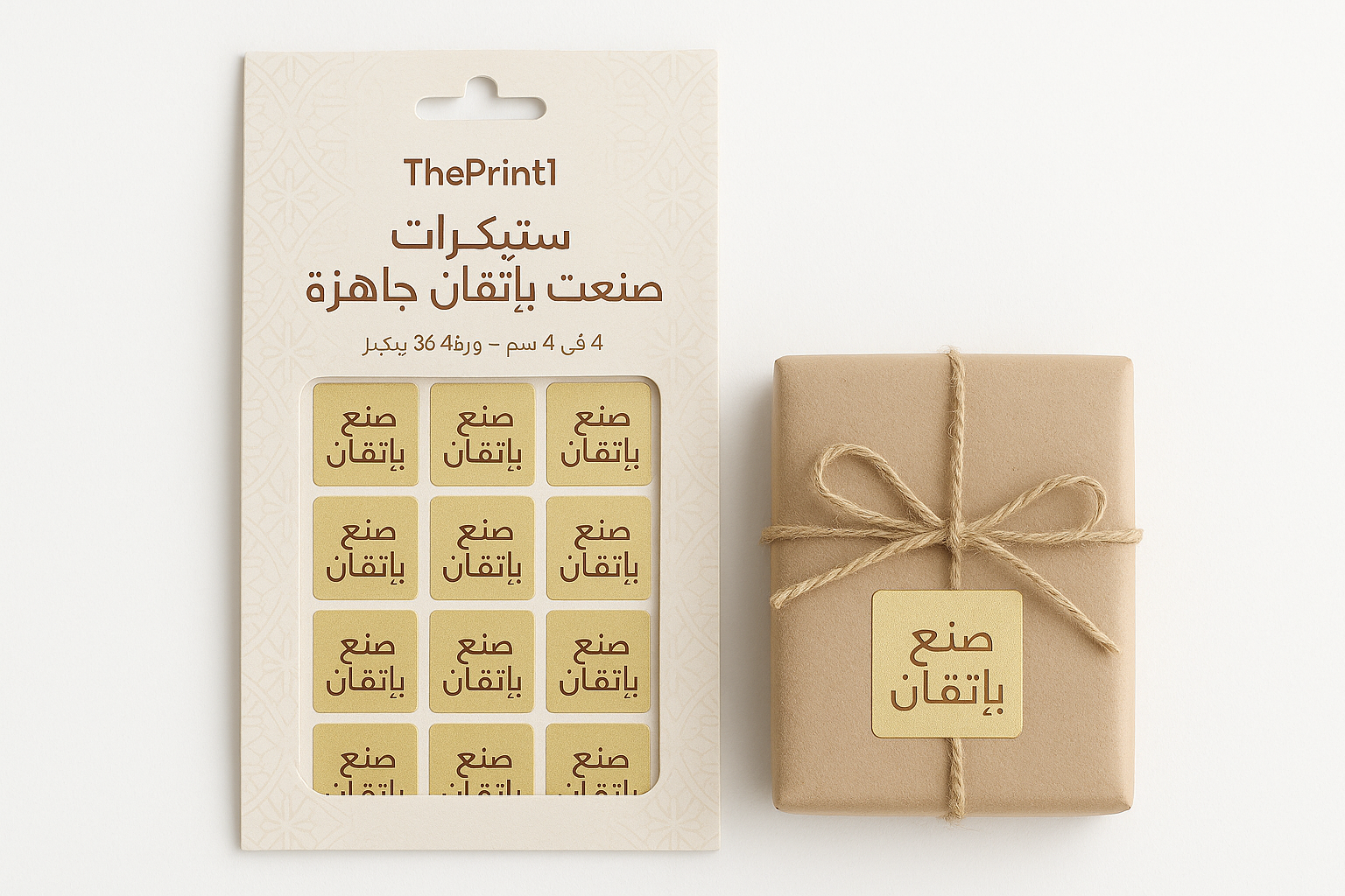 طباعة ستيكر ات صنعت بإتقان جاهزة - 4 في 4 سم - ورقة 36 ستيكر - شرائط تغليف مطبوعة، شريط لاصق بشعار، اطلب بكج تغليف كامل، اطلب تصميم تغليف منتج | ذا برنت ون