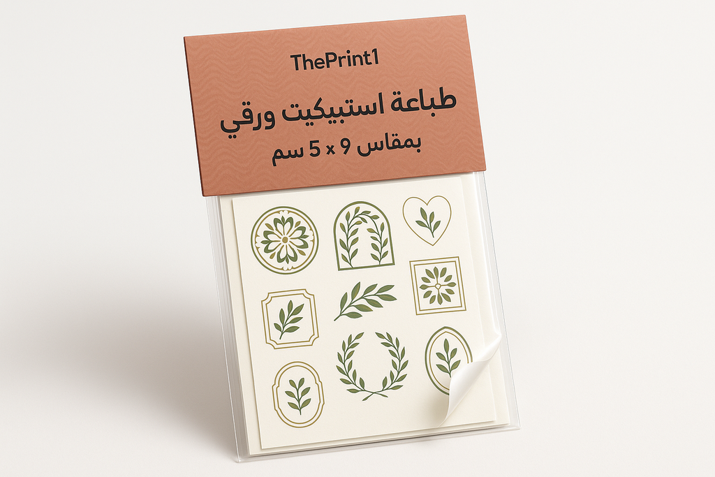 طباعة استيكر شيت ورقي مقاس 5 في 9سم - شرائط تغليف مطبوعة، شريط لاصق بشعار، اطلب بكج تغليف كامل، اطلب تصميم تغليف منتج | ذا برنت ون